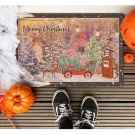 DecStic Christmas Gas Station Coir Doormat Winter Farm Snow Tree Red Truck Door Mats Rustic Merry and Bright Durable Coir Non Slip Mat for Outdoor Entrance Plain Front Porch 24x36in