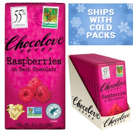 Chocolove Raspberries Dark Chocolate Bars | 55% Cocoa | Tangy Raspberry Bits | Smooth & Sweet | Premium Belgian Dark Chocolate | Non-GMO, 3.1 oz Bar (12 Pack)