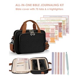 Heouvo Bible Cover Case for Women, Large Bible Bag Carrying Case with Shoulder Strap, Bible Study Supplies Bible Journaling Kit Book Carrying Case with Bible Highlighters Tabs Gift for Lady (Black)