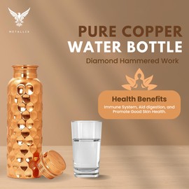 Metallix Copper Water Bottle for Drinking Water | 100% Pure Copper Water Bottle | Leak Proof | Ayurvedic Benefits | Best for Gifting | Suitable for Yoga, School & Office - Diamond Hammered / 32 Oz
