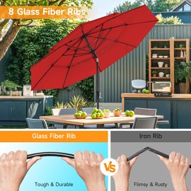 ONBRILL 10 FT Patio Umbrella, 3 Tier Outdoor Table Umbrella with 8 Sturdy Glass Fiber Ribs and Push Button Tilt, Outdoor Patio Umbrellas for Market Pool Garden Backyard, 1.5" Pole, Red (No Base)