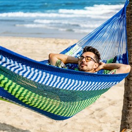 Lazy Daze Hammocks Handwoven Mayan Hammock, 10.5 FT Soft Rope Double Hammocks, Portable Outdoor Hammock with Carry Bag, 2 Straps & Carabiners for Patio Outside, 550 lbs Weight Capacity, Blue/Green