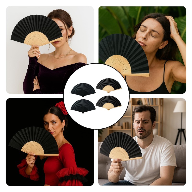 4 Stück Fächer Schwarz, Fecher Damen, Handfächer Faltventilator Fächer Mit