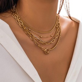 Boho Layered Necklace for Women Trendy Country Concert Necklaces Outfits Gold Layered Choker Necklaces Set Cuban Link Chain Necklaces Stack Necklace Paperclip Chain Pearl Necklaces