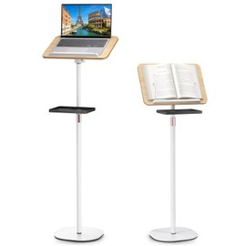 2 in 1 Adjustable Floor Book Stand & Music Stand with Removable Tray, 19.7" to 51.2" Foldable Reading Book Holder with Page Clips for Laptop, Cookbooks, Sheet Music, Wooden Podium Stand for Projector