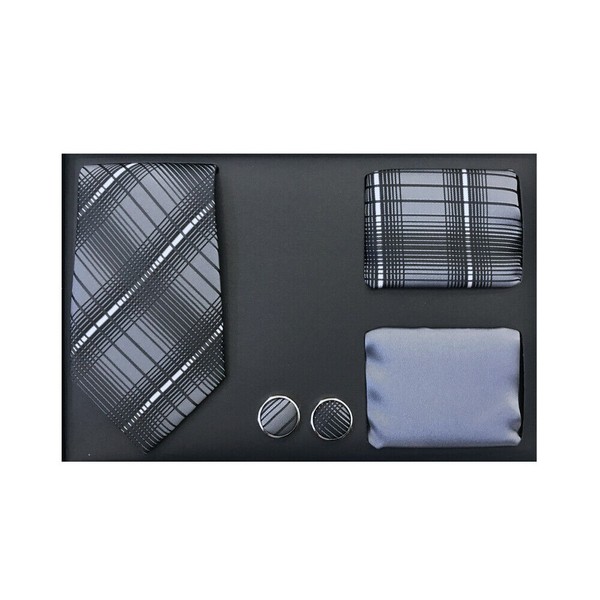 New Men's necktie solid & pattern hankie cufflinks 4 pc Gift Set black Gray