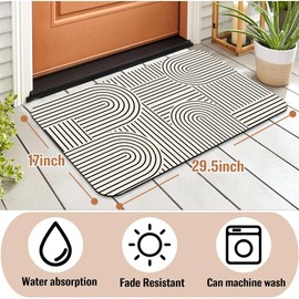 Front Door Mat Outside Entrance, Beige Black Boho Geometric Rainbow Arch Welcome Mat, Non-Slip Low Profile Absorbent Easy Clean Indoor Outdoor Doormat for Entryway Patio Porch 17"x29"