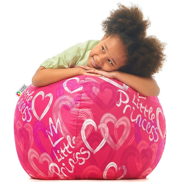 5 STARS UNITED Kids Bean Bag - COVER ONLY - Stuffed Animal Storage - Beanbag Chairs for Kids - 90+ Teddy Plush Toys Holder and Organiser for Girls - 100% Cotton Canvas - Pink Princess