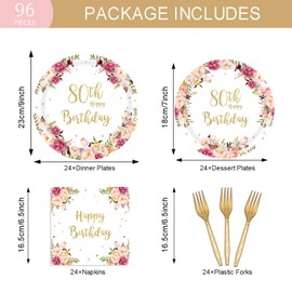 96PCs Happy 80th Birthday Party Supplies for Women 80th Birthday Floral Birthday Plates and Napkins Forks Blush Pink Bday Tableware Party Supplies Decorations
