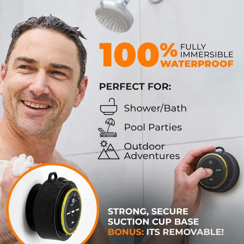 iFox Creations Portable Bluetooth Shower Speaker, IPX7 Waterproof, Black/Gold