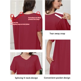 Liokoc Hospital Gowns for Women Open Back Tear Away Snap Post shoulder Dress Short Sleeve Soft Adaptive Clothing with Pockets Dark Wine Red