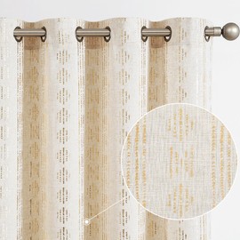 jinchan Boho Curtains Linen Curtains for Living Room Gold Foil Print Farmhouse Curtains 84 Inches Long 2 Panels Geometric Striped Patterned Mudcloth Light Filtering Bedroom Window Grommet Curtains