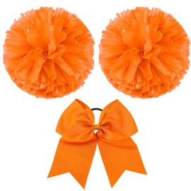 Hanaive 3 Pcs Cheerleading Pom Poms and Large Cheerleader Hair Bow Metallic Cheer Pom Poms for Team Spirit Sports Dance Cheering(Orange,Matte)