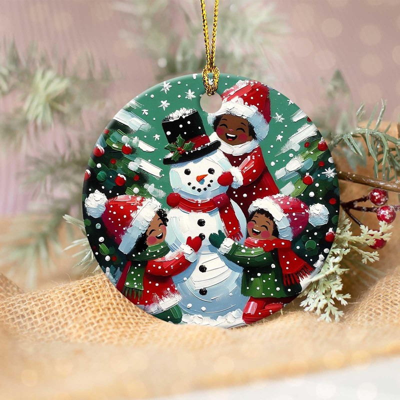 Snowman & Cute Child Ornament 2024 Round Ceramic Ornament Xmas