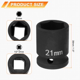 sourcing map 5pcs 6 Point Impact Socket 21mm Metric Socket 1/2" Square Drive 1.5" (38mm) Long Phosphated Cr-Mo Steel Spindle Axle Hex Nut Sockets, Black
