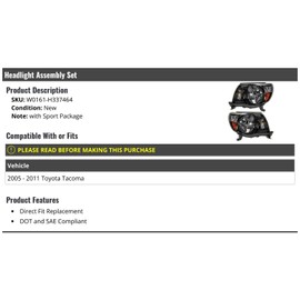 Headlight Assembly Set with Sport Package - Compatible with 2005-2011 Toyota Tacoma