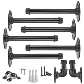 Set of 6 Black Iron Pipe Floating Shelf Bracket 8 Inch (Bonus: 2 Hooks), Heavy Duty Wall Mounted DIY Industrial Shelf Brackets Pipe Brackets for Floating Shelves, Hardware Included