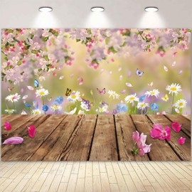 deFouliao 7x5ft Spring Backdrop Pink Cherry Blossom Flowers Butterfly Photography Background Wood Floor Floral Outdoor Spring Easter Backdrops Children Kids Birthday Party Banner Decorations