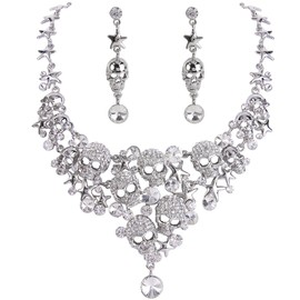 EVER FAITH Women's Crystal Gothic Skulls Stars Statement Necklace Earrings Set Clear Silver-Tone