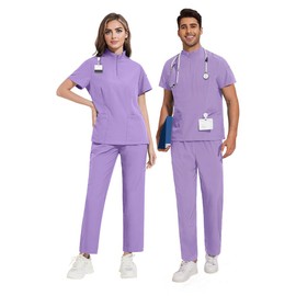 Meichoon Unisex Medical Scrubs Set Scrub Set Polyester Work Uniform Zipper Neck Short Sleeve 4 Pocket Top Breathable Durable Fabric