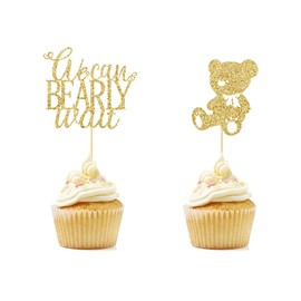 We Can Bearly Wait - Decoración para cupcakes, 12 piezas de oso para baby shower, suministros para niños y niñas, letrero de postre de peluche para adornos de fiesta de revelación de género, premontado, purpurina dorada de doble cara