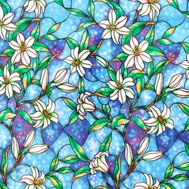 Coavas Decorative Window Privacy Film, Heat Control Sun Blocking Stained Glass Window Film, Floral Design Static Cling, Non Adhesive Windows Tint for Bathroom Front Door(Vinyl, 17.5" x 78.7 ")