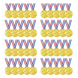DICOSMETIC Pack of 50 Winning Prize Medals Gold Medal Plastic Round Medals Winner Medals with Collars for Sports Games Competition Talent Show Birthday Party Gifts or Decoration