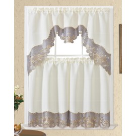 GOHD Arch Rosarium 3pcs Kitchen Curtain Set, Elegant Ivory Fabric with Rose Embroidery in Distinctive Gold Thread, Swag and Kitchen Tiers Set with cutworks on Border (Silver Grey)