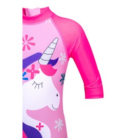 Traje de Baño Unicornio, Traje de baño para niñas con Protección UV, Diseño de Unicornio, Rosa, con Gorro de Natación y Gorra con Protector de Cuello, Ver Tabla para Tallas (MX/US, Alfa, 3, Rosa)