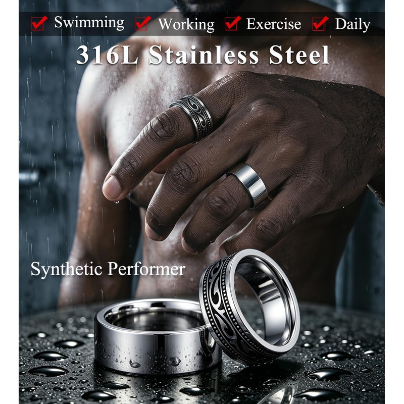 CASDAN 12Pcs Stainless Steel Vintage Signet Rings for Men