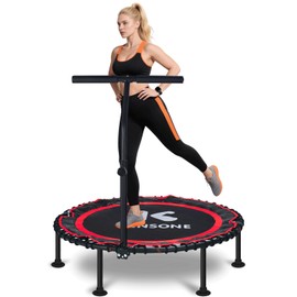 K KENSONE 40" Foldable Rebounder Trampoline for Adults with Bungee, 450 LBS Quiet Indoor Mini Trampoline for Adults Fitness with Adjustable T-Shaped Handle Bar for Gym Workout, Home Exercise, Red