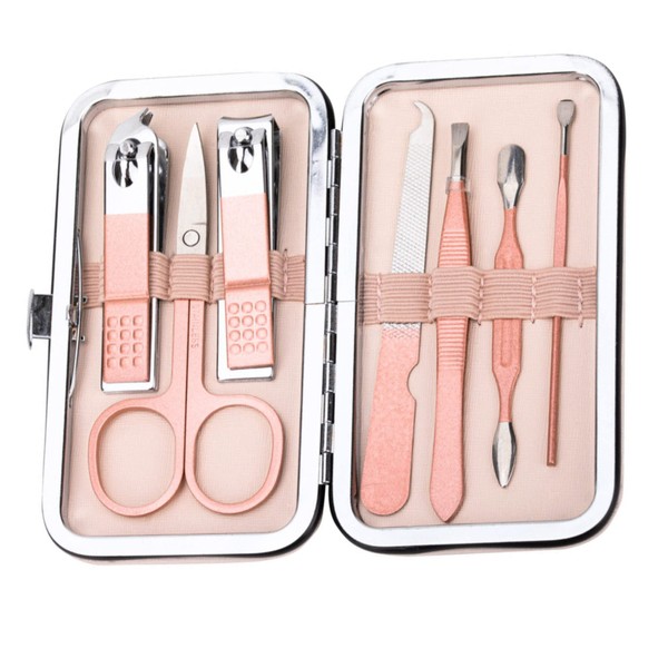 INLAQ® High Quality 7 Piece Cosmetic Set, Hypoallergenic and Durable Tools for Manicure, Pedicure and Eyebrow Grooming, Made of Tungsten Steel Tools in Beige Case