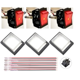 FABULWAY Rocker Switch 16A 250V /20A 125V KCD4/KCD2 DPST 4 Pin 2 Position Red Lighted 120V Rocker Toggle Switch ON/Off Heavy Duty with Wires and Waterproof Silicone Cover- 3 Pack (16A Red Lighted)