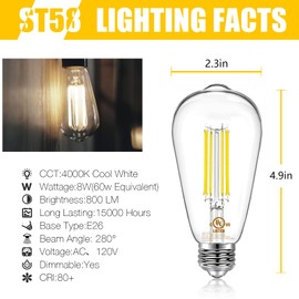 DAYBETTER 20 Pack LED Lights, Vintage LED Edison Bulbs 60 Watt Equivalent, ST58 Antique Filament Light Bulbs, E26 Dimmable Bulb with Neutral White 4000K, Brightness 8W, 800LM, Clear Glass