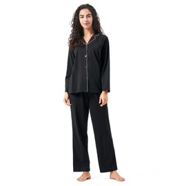 DAVID ARCHY Womens Pajamas Sets Premium Cotton Sleepwear Comfort Loungewear Button-Down Top & Bottom Long Sleeve Housewear (M, Black - Button-Dwon)