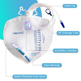 GlobalRoll Urinary Drainage Bag with Anti-Reflux Chamber, Bedside Drainage Bag 2000 mL with 48" Drainage Tube, Hook Hanger and Clips, Urine Bag with Plastic Buckle for Home and Hospitals, 2 Pack