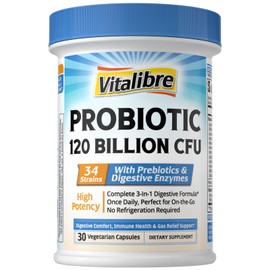 Vitalibre Probióticos para mujeres y hombres, 120 mil millones de UFC, 34 cepas, con enzimas digestivas y prebióticos, sin gluten, para la salud...   