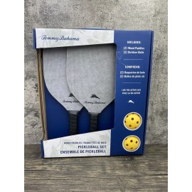 Tommy Bahama NEW Tommy Bahama 4 Pc. Pickleball Set 2-Gray Wood Paddles 2-Yellow Game Balls