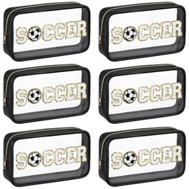 Reallnaive 6 Pcs Soccer Clear Makeup Bag with Chenille Letter Patch Sport Goodie Clear PVC Pouch Organizer Waterproof Travel Toiletry Bags for Sports Theme Birthday Party Supplies