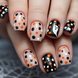 Halloween Polka Dots Press on Nails Short Square Fake Nails Press on Black False Nails with Cute Ghost Designs Glossy Acrylic Nails Kit Fall Glue on Nails Reusable Stick on Nails for Women 24Pcs