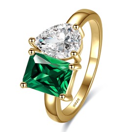 BONLAVIEGEM Toi Et Moi Ring 925 Sterling Silver Women Engagement Ring 14K Gold Plated 1.5ct 6x8mm Double Stone Ring Emerald & Pear Cut Cubic Zirconia Wedding Band Width Band 2mm Size 9