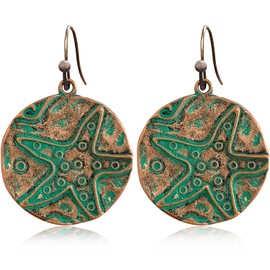 Gdpaddy Bohemian Vintage Copper Disc Star Pattern Lightweight Dangle Drop Earrings National Style Geometry Circle Hook Earrings For Women Jewelry Gifts (Green)