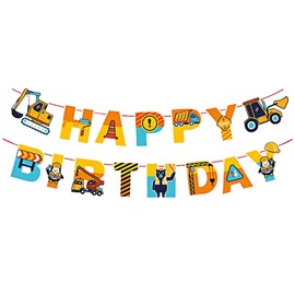 Blue and Yellow Orange Excavator Dump Truck Crane Happy Birthday Garland Banner With Penguin and Black Bear Worker on the Road Under Construction For Little Boy Kids Construction Engineering 1st 2nd 3nd Birthday Supplies decorations