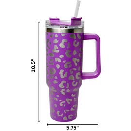 Lashicorn 40 Oz. Tumbler with Handle and Straw Purple Leopard Silver 10” tall Cup lid included Insulated Stainless Steel Vacuum Travel Mug Boutique Cheetah Print Purple