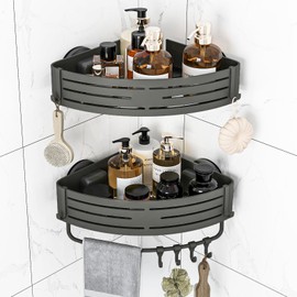 Suction Cup Corner Shower Caddy 2 Pack,Removable Shower Organizer for Bathroom Storage&Home Decor&Kitchen, No Drilling,Rustproof Shower Shelves with 8 Portable Hooks,Adhesive with Towel Bar