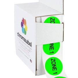 ChromaLabel 1 Inch Round Labels, 500 Labels per Dispenser Box, High Visibility for Warehouse Inventory, Fluorescent Green, Imprinted: Zone 1