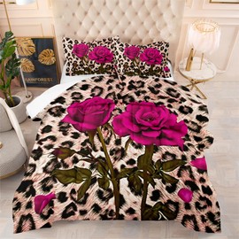 CCoutueChen Brown Leopard Print Comforter Set Queen Size Romantic Rose Bedding Set Cheetah Animal Fur Bed Set for Adult Women Girls 3Pcs Soft Microbfiber Down Comforter