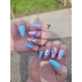 nailed by Rachel Baby Pink & blue bling flower press on nails ombre coffin spring gender nails