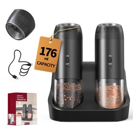 CIRCLE JOY Gravity Salt and Pepper Grinder Set with Rechargeable Base Electric Salt and Pepper Grinder Set with External Adjustment, 176ml Capacity and One-handed Operation, Black