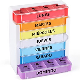 Opret Pastillero Semanal 4 Tomas Español, Pastillero Diario Grande 7 Dias, Dosificador de Comprimidos con 28 Compartimentos, Organizador de Pastillas para Viaje